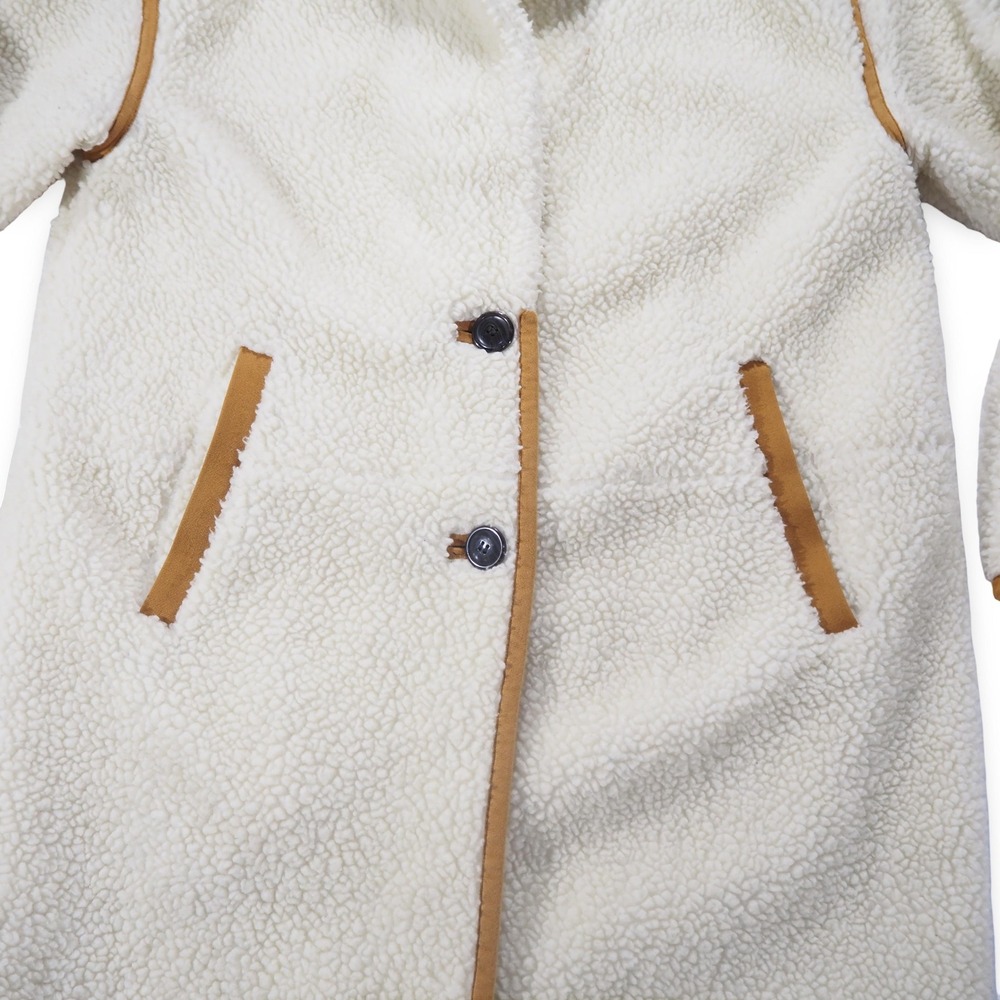 Madewell Sherpa Teddy Topcoat Women M Cream Tan Trim Button Front Long Jacket - Picture 4 of 9